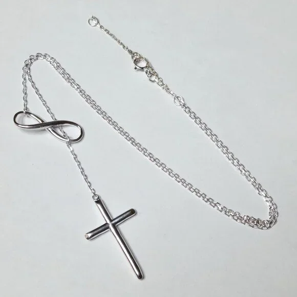 925 Sterling Silver Infinity Cross Pendant Lariat Necklace Religious Jewelry - Picture 5 of 6